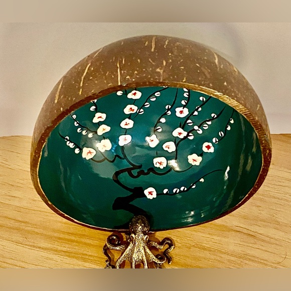 Handcrafted Artisan Coconut Bowl | Hand Painted Jasmine Tree - Picture 3 of 11